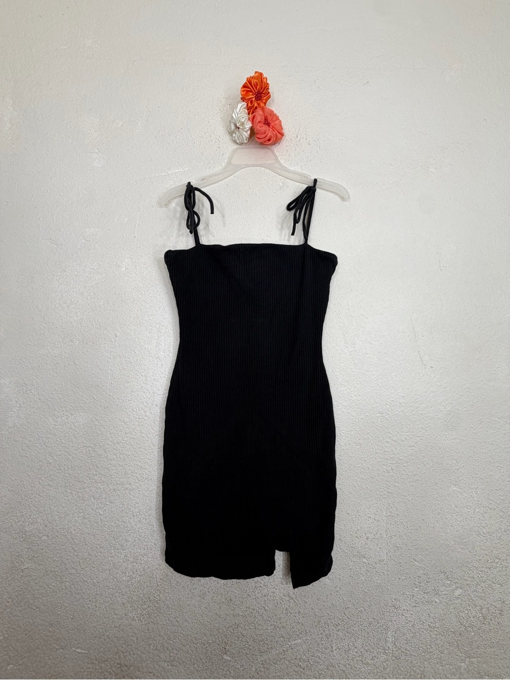 Princess Polly Black Ribbed Bodycon Mini Dress with Tie Shoulder Straps - Size 6